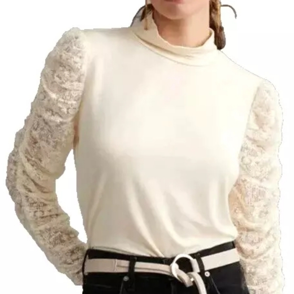 Maeve Anthropologie Cream Lace Ruched Sleeve Top